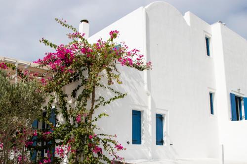 a white building with flowers in front of it at Arcana Santorini Villas, An Authentic Cycladic Experience in Akrotiri