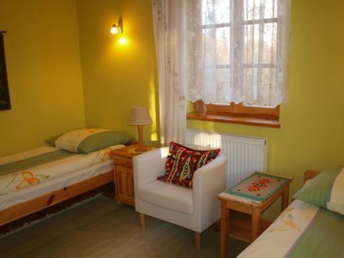 1 dormitorio con 1 cama, 1 silla y 1 ventana en Wejmutka, Białowieża, en Białowieża