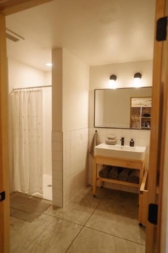 a bathroom with a sink and a shower at Frontier Drive Inn in Center