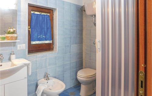 een blauw betegelde badkamer met een toilet en een wastafel bij Il Noce in Corbara