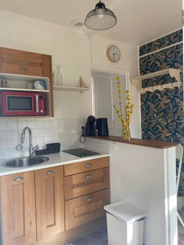 a kitchen with a sink and a microwave at Studio épicéa avec jardin dans charmante propriété in Méry-sur-Oise