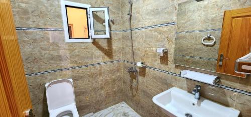 W łazience znajduje się umywalka, toaleta i lustro. w obiekcie HOTEL LE BON CHOIX w Nawazibu