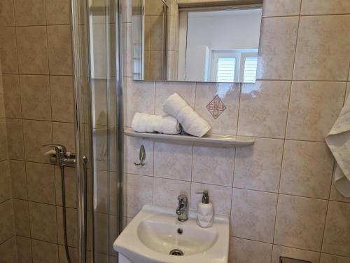 a bathroom with a sink and a shower and a mirror at Apartments Jagoda in Podstrana