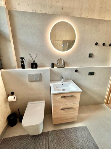 a bathroom with a toilet and a sink and a mirror at Apartmán Tri Smreky Demänovská Dolina in Demanovska Dolina