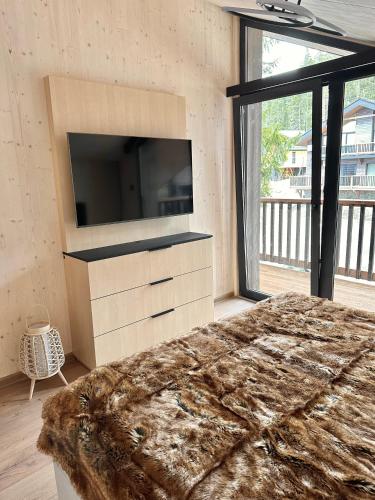 a bedroom with a tv and a bed and a large window at Apartmán Tri Smreky Demänovská Dolina in Demanovska Dolina