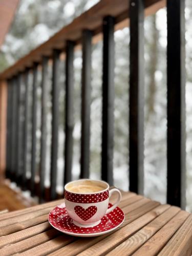 a cup of coffee sitting on a saucer on a porch at Apartmán Tri Smreky Demänovská Dolina in Demanovska Dolina