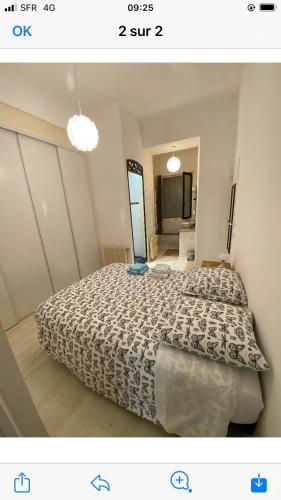 une chambre avec un lit avec une couette dessus dans l'établissement Charmant petit appartement, à Bagnères-de-Bigorre