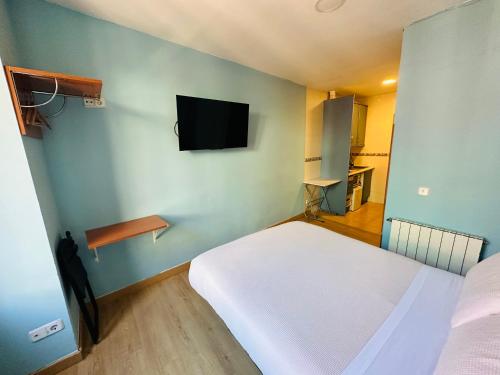1 dormitorio con 1 cama y TV en la pared en CH Casillas, en Madrid