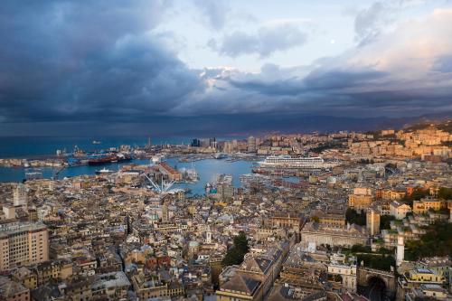 an aerial view of a city with a harbor at GolfoParadiso Uscio bombon - PellicceriaSuperior in Uscio