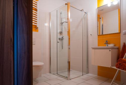 a bathroom with a shower and a toilet and a sink at Pokoje na Różanej Zator - 2 km od Energylandii in Zator