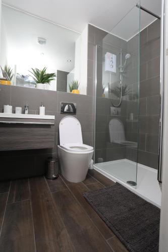 a bathroom with a toilet and a glass shower at Plush 2-bedroom apartment Coventry city center in Coventry