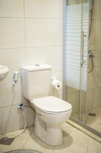 a bathroom with a white toilet and a shower at Amman Sun Apartments - Jubeiha View in Ţāb Kirā‘