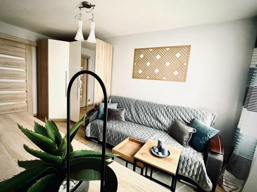 a living room with a couch and a table at Ogrodowy Apartament in Sandomierz