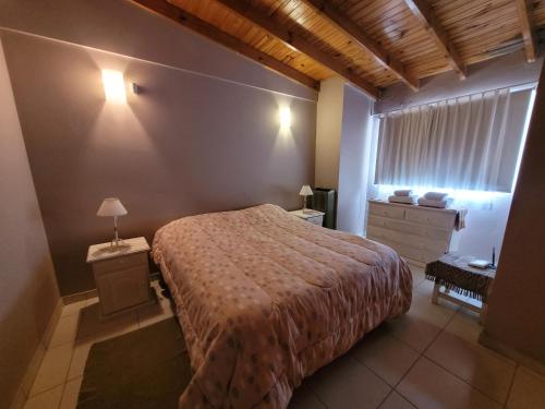 1 dormitorio con 1 cama, vestidor y ventana en Duplex Patagonia y Mar en Playa Unión