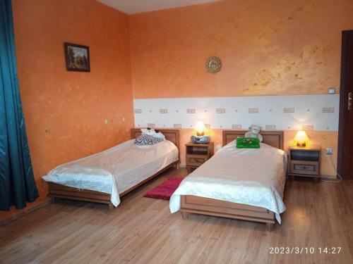 ムシナにあるRaj Muszyna Apartamenty z widokiem na panoramę górskąのオレンジ色の壁とウッドフロアの客室で、ベッド2台が備わります。
