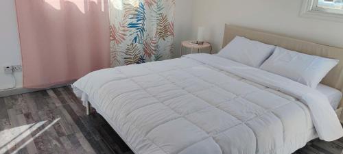 a bedroom with a white bed and a window at Zinas modern flat Nicosia in Strovolos