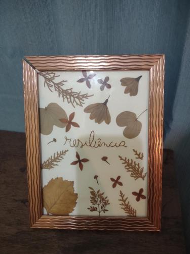 a picture of leaves and butterflies in a wooden frame at Studio 2 próximo ao Centro in Palmas