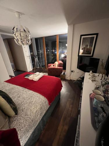 a bedroom with a large bed with a red blanket at James Clow Bed & Breakfast in Belfast