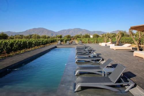 een rij ligstoelen en stoelen naast een zwembad bij Vibo Wine Lodge At Viu Manent in Santa Cruz