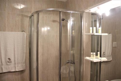 y baño con ducha y puerta de cristal. en Casa de Maçaneira en Miranda do Douro