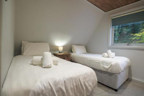 two beds in a room with a window at Hazel Bank A-Frame Holiday Property in Devon in Chudleigh