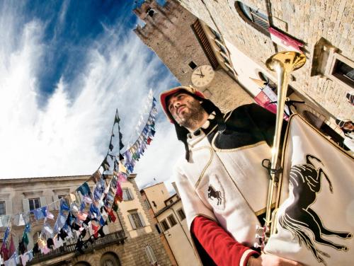 a man dressed in a costume in front of a castle at Villa La Nussa in Capolona