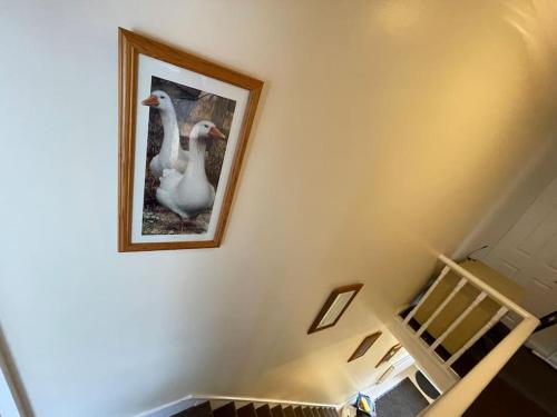 a painting of two geese on a wall next to a staircase at Beanies LorneStreet Four Bed House in Swindon