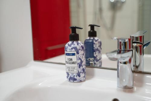 butelka mydła na zlewie w łazience przed lustrem w obiekcie Le Paradis Bleu w Lourdes