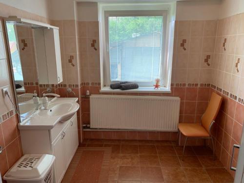 baño con lavabo y ventana en Feel Good Apartment, en Detva