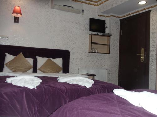 a bedroom with two beds with purple sheets and a tv at Ares Hotel in Istanbul