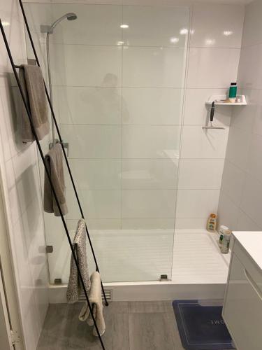 una doccia con porta in vetro in bagno di Santiago, Vitacura, amplio departamento a Santiago