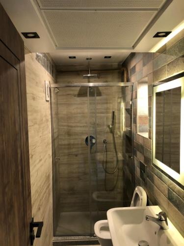 een badkamer met een douche, een toilet en een wastafel bij شقه فندقيه in Caïro