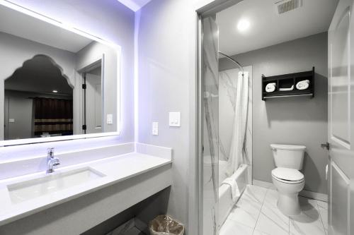 a bathroom with a sink and a toilet and a mirror at Downtowner Inns - Houston Downtown & Convention Center in Houston