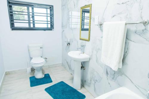 uma casa de banho branca com um lavatório e um WC em Blue Agave F2 em Lusaka