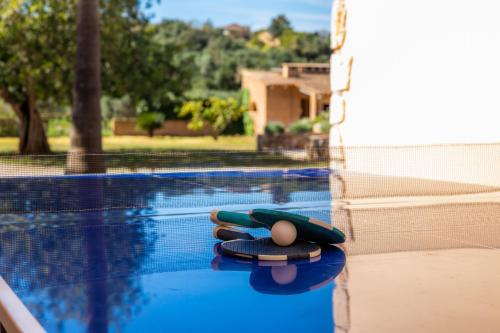 a swimming pool with three buoys on the side at Casa Fina in Felanitx