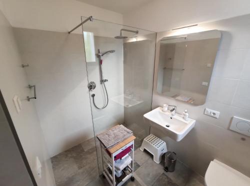 uma casa de banho com um chuveiro e um lavatório. em Rebleitenhof em Lana