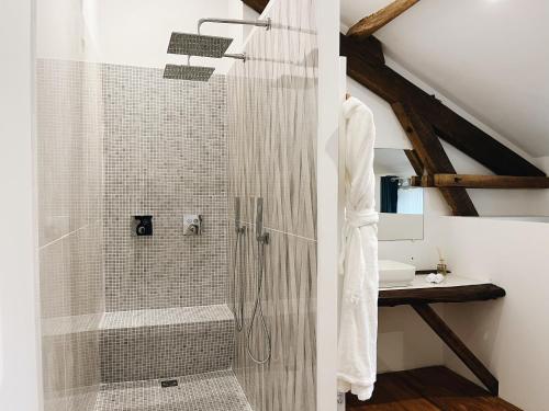 a shower with a glass door in a bathroom at Domaine Labouroume in Salies-de-Béarn