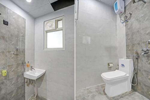 two pictures of a bathroom with a toilet and a sink at Hotel The RASA at Vasundhara in Ghaziabad