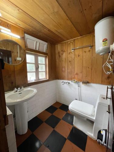 a bathroom with a white sink and a toilet at Apple Valley Cottages Lachung in Lachung