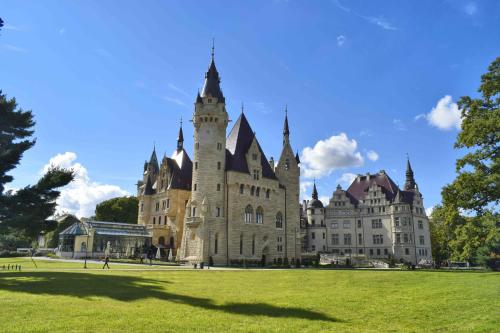 un castillo con un campo de hierba delante de él en Moszna Zamek, en Moszna