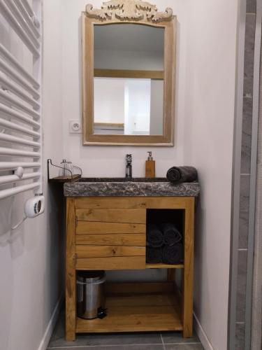 ein Bad mit einem Waschbecken und einem Spiegel in der Unterkunft Au pied du Lariat in Léoville
