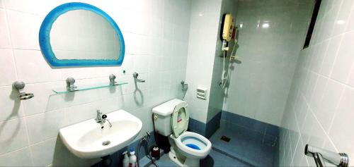 a bathroom with a sink and a toilet and a mirror at Hilltop Greenview Residence Batu Caves Selayang in Batu Caves