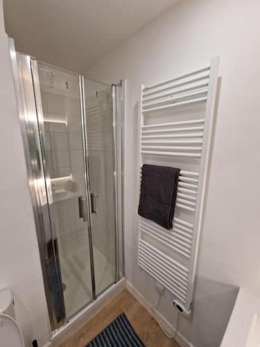 La salle de bains est pourvue d'une douche et d'une cabine de douche en verre. dans l'établissement Nid douillet en bord de mer, à Argelès-sur-Mer