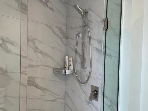 a bathroom with a shower with a glass door at A Hidden Gem near Hagley park in central city in Christchurch