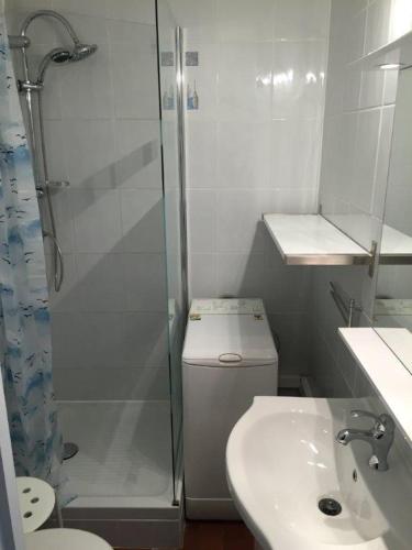 une salle de bain avec une douche, des toilettes et un lavabo dans l'établissement Studio avec balcon et climatisation, à Balaruc-les-Bains