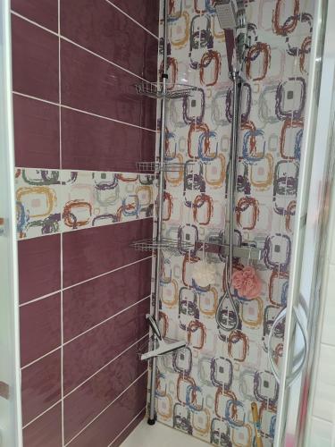 - un rideau de douche dans la salle de bains à côté d'un mur dans l'établissement Magnifique appart neuf 6 pers CLIMATISE grande terrasse amenagee, au Cap d'Agde