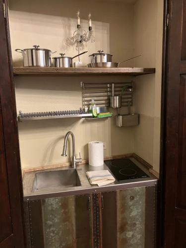 a kitchen counter with a sink and pots and pans at Renaissance Palace Noble Floor Apartment in Florence