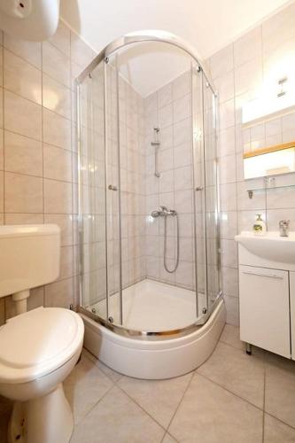a bathroom with a shower and a toilet and a sink at Apartments and rooms by the sea Stara Novalja, Pag - 6303 in Novalja