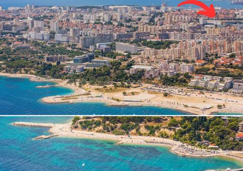 two pictures of a beach in a city at Split City App - Private Parking & Terrace in Split