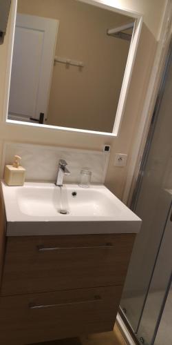 une salle de bain avec un lavabo et un miroir dans l'établissement comme à la maison, à Clonas-sur-Varèze